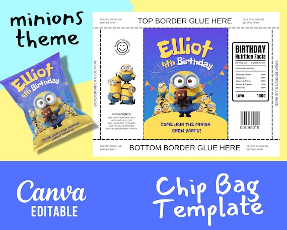 Minions Theme Chip Bag Template Canva Editable Template - Etsy France