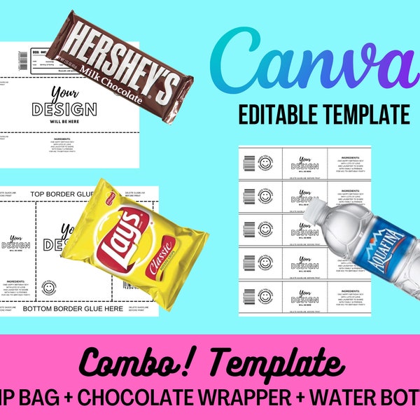 Party Favor Template Combo Blank Chip Bag + Chocolate Wrapper + Water Bottle Label Template Canva Template Printable