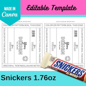 May include: Printable template for a Snickers Almond candy bar wrapper. The template is black and white and includes the text "Your Design" and "Color or Pattern-Seal This Edge". The template is shown next to a real Snickers Almond candy bar.