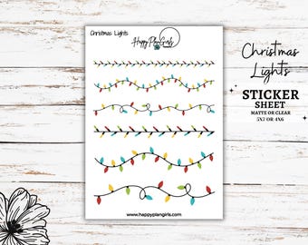 May include: A sheet of Christmas lights stickers with six different designs. The stickers are in red, yellow, green, and blue. The text on the sheet reads "Christmas Lights Sticker Sheet Matte or Clear 5x7 or 4x6 www.happyplangirls.com"