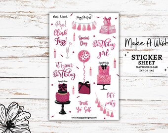 Birthday Decorative Planner Stickers | Make A Wish | Pink/Fuchsia | Celebration Stickers | Birthday Planner Stickers | Journal Sticker Sheet