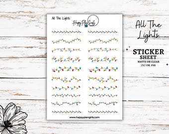 May include: A sticker sheet with various designs of Christmas lights. The sheet includes the text "All The Lights" and "Sticker Sheet". The sticker sheet is available in matte or clear finish and comes in 5x7 or 4x6 sizes.