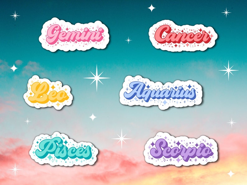 May include: Six colorful retro-style zodiac signs with glitter accents. The signs are: Gemini, Cancer, Leo, Aquarius, Pisces, and Scorpio.