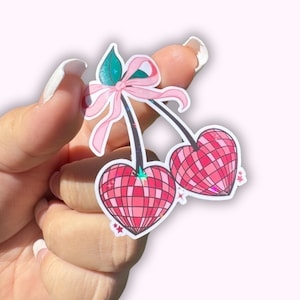 Disco Heart Cherries Vinyl Sticker -Laptop Sticker, Water bottle sticker, Coquette Bow Stickers, Cute Stickers, Holographic Stickers