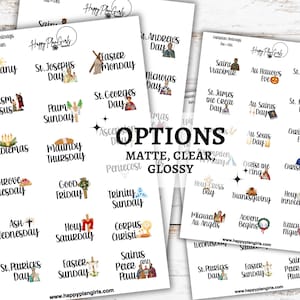 A collection of Christian holiday planner sticker sheets for 2026. The sheets feature icons and script for dates like Easter, Pentecost, and Christmas. Icons include a cross with lilies, palms, and saints. With finish options Matte, Clear, or Glossy.