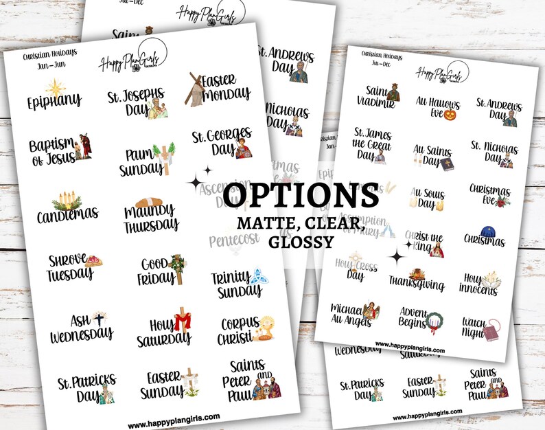A collection of Christian holiday planner sticker sheets for 2026. The sheets feature icons and script for dates like Easter, Pentecost, and Christmas. Icons include a cross with lilies, palms, and saints. With finish options Matte, Clear, or Glossy.