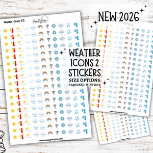May include: Sheets of weather icon stickers with various designs, including suns, clouds, rainbows, and thermometers. The stickers are labeled "Weather Icons 2 Stickers" with size options. The image also includes the text "NEW 2026".