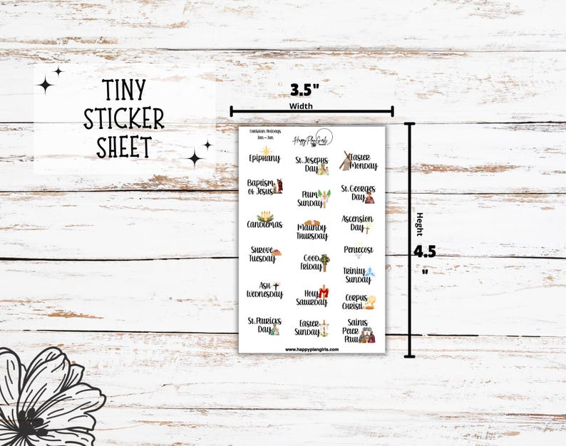 A collection of Christian holiday planner sticker sheets for 2026. The sheets feature icons and script for dates like Easter, Pentecost, and Christmas. This shows Tiny size sheet (3.5"x4.5").