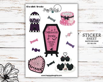 May include: A sticker sheet with a Halloween theme featuring pink and black illustrations of cupcakes, candy, a gumball machine, a coffin, and a cake. The text on the sheet reads "Cheulish Treats" and "Halloween Treats Cupcakes Candy Cake".