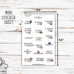 A collection of Christian holiday planner sticker sheets for 2026. The sheets feature icons and script for dates like Easter, Pentecost, and Christmas. This shows Mini size sheet (4.5"x6.5").