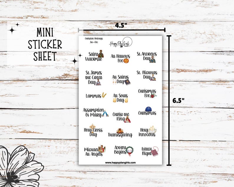 A collection of Christian holiday planner sticker sheets for 2026. The sheets feature icons and script for dates like Easter, Pentecost, and Christmas. This shows Mini size sheet (4.5"x6.5").