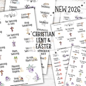 May include: A collection of white sticker sheets featuring Christian Lent and Easter themes. The stickers include crosses, floral designs, and text such as "Ash Wednesday," "Good Friday," and "Easter Sunday." The text "NEW 2026" is also visible.