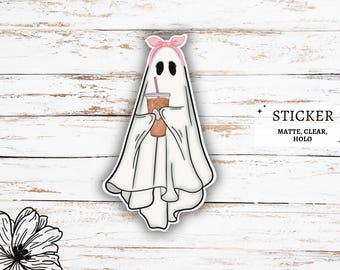 Bonita pegatina de fantasma con café helado / Fantasma con café / Pegatina de vinilo fantasma / Calcomanías fantasma / Pegatinas femeninas / Pegatinas de Halloween / Coqueta