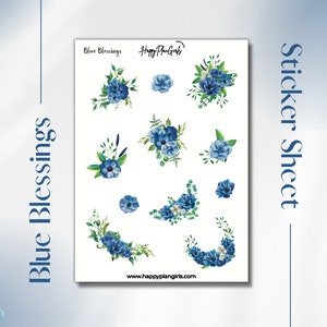 Seasonal Sticker Sheet, Spring Calendar Planner Stickers, Journal Stickers, Blue Floral Watercolor Planner Sticker Sheet, Blue Blessings