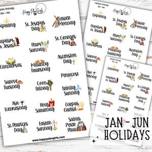 A collection of Christian holiday planner sticker sheets for 2026. The sheets feature icons and script for dates like Easter, Pentecost, and Christmas. This sheet shows January through June.