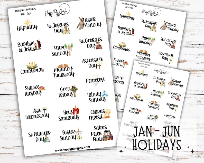 A collection of Christian holiday planner sticker sheets for 2026. The sheets feature icons and script for dates like Easter, Pentecost, and Christmas. This sheet shows January through June.