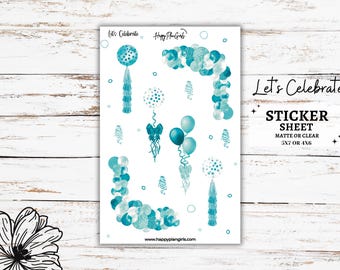 Birthday Sticker Sheet | Lets Celebrate | Blue/Aqua | Birthday Elements Planner Stickers | Celebration Journal Stickers | Decorative Sticker