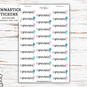 May include: Sheet of gymnastics stickers with the word "Gymnastics" in a script font, repeated multiple times. Each word is accompanied by a gymnast icon in shades of blue, pink, and purple. The sheet includes size options: standard, mini, and tiny.