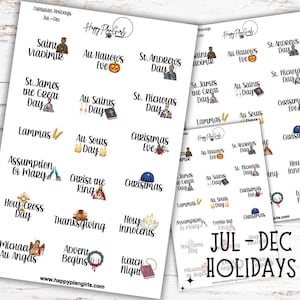 A collection of Christian holiday planner sticker sheets for 2026. The sheets feature icons and script for dates like Easter, Pentecost, and Christmas. This sheet shows July through December.