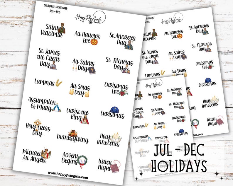 A collection of Christian holiday planner sticker sheets for 2026. The sheets feature icons and script for dates like Easter, Pentecost, and Christmas. This sheet shows July through December.