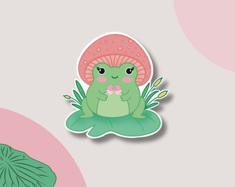 Frog with Mushroom Hat Sticker- Cute Frog Vinyl Sticker, Kindle waterproof decal, Aesthetic Phone Case Sticker, Laptop Decal, Frog on Lily