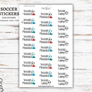 May include: Sheet of soccer-themed stickers with text reading "Soccer Practice" and "Soccer Game". The stickers feature soccer balls and colorful graphics. The sheet also includes the text "Soccer Stickers" and size options.