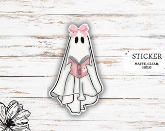 Cute Ghost Reading Sticker | Ghost with Book | Ghost Vinyl Sticker | Ghost Decals | Girly Stickers | Halloween Stickers | Coquette Ghost