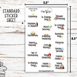 A collection of Christian holiday planner sticker sheets for 2026. The sheets feature icons and script for dates like Easter, Pentecost, and Christmas. This shows Standard size sheet (5.5"x8.5").