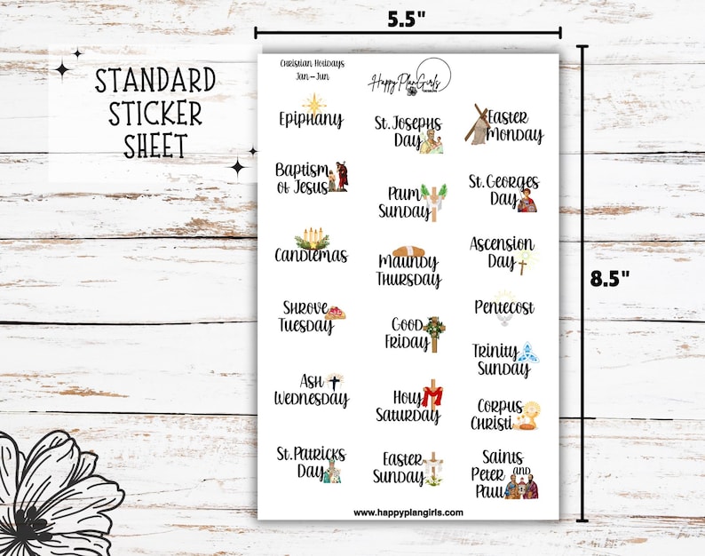 A collection of Christian holiday planner sticker sheets for 2026. The sheets feature icons and script for dates like Easter, Pentecost, and Christmas. This shows Standard size sheet (5.5"x8.5").