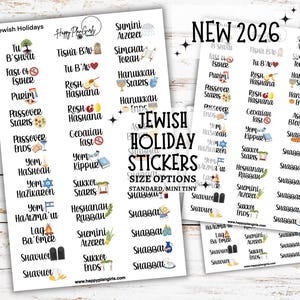 May include: Sheets of Jewish holiday stickers with various dates and illustrations. The stickers include text such as "Passover Starts", "Rosh Hashana", and "Yom Kippur". The text "Jewish Holiday Stickers" is also visible.