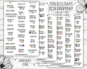 Wacky Fun Holiday Planner Stickers- Standard + Mini Sizes, Cute Everyday Holidays Stickers