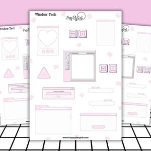 Window Tech Y2K Sticker Sheet | Retro Computer Desktop Pink Browser Frame | Y2K Journaling Decals