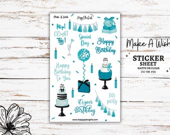 Birthday Deco Planner Stickers | Make A Wish | Blue/Aqua | Celebration Stickers | Birthday Planner Stickers | Journal Sticker Sheet