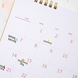 A collection of Christian holiday planner sticker sheets for 2026. Calendar picture with stickers : Epiphany, Trinity Sunday, Holy Cross Day, Christ The King shown on calendar days.