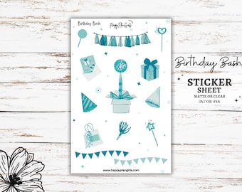 Birthday Planner Sticker Sheet, Birthday Bash, Blue/Aqua Decorative Journal Stickers, Celebration icon Stickers, Calendar Stickers