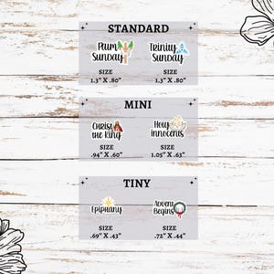 A collection of Christian holiday planner sticker sheets for 2026. The sheets feature icons and script for dates like Easter, Pentecost, and Christmas. Icons include a cross with lilies, palms, and saints, available in Standard, Mini, and Tiny sizes.