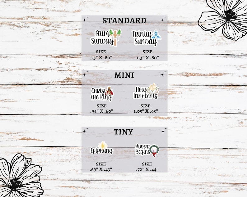 A collection of Christian holiday planner sticker sheets for 2026. The sheets feature icons and script for dates like Easter, Pentecost, and Christmas. Icons include a cross with lilies, palms, and saints, available in Standard, Mini, and Tiny sizes.