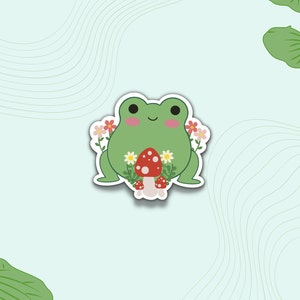 Cute Frog Sticker, Frog Vinyl Sticker, Frog Decals, Frog with Mushrooms and Flowers Vinyl Stickers, Froggy, Gift for, Waterproof Stickers