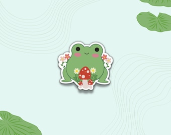 Cute Frog Sticker, Frog Vinyl Sticker, Frog Decals, Frog with Mushrooms and Flowers Vinyl Stickers, Froggy, Gift for, Waterproof Stickers
