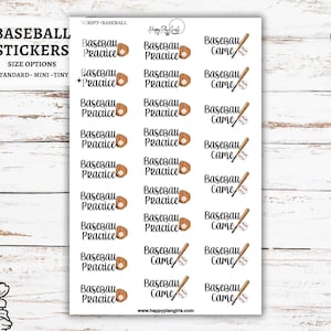 May include: Sheet of baseball-themed stickers with text reading "Baseball Practice" and "Baseball Game", along with illustrations of baseball gloves and bats. The stickers are in various sizes, as indicated by the text "Size Options: Standard - Mini - Tiny".