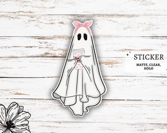 Cute Ghost Coffee Sticker | Ghost with Coffee | Ghost Vinyl Sticker | Ghost Decals | Girly Stickers | Halloween Stickers | Coquette Ghost