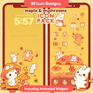May include: A phone screen mockup with a yellow background and 89 custom icons featuring a maple leaf and mushroom theme. The icons are illustrated with cute cartoon characters. The text "maple & mushrooms ICON PACK" is displayed at the top of the screen. The text "Including Animated Widgets" is displayed at the bottom of the screen.