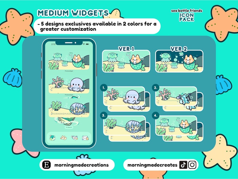 May include: A phone screen displaying a variety of colourful widgets with sea-themed illustrations. The widgets feature a mermaid, an octopus, and a clam. The text "MEDIUM WIDGETS" is displayed at the top of the screen. The text "sea bottle friends ICON PACK" is displayed at the top right of the screen.