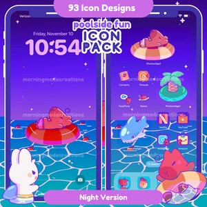 Poolside Fun Capybara + Friends App Icon Set (NIGHT VERSION 1) | Cute Pool Summer Theme | Kawaii Aesthetic for iOS / iPadOS / Android Theme