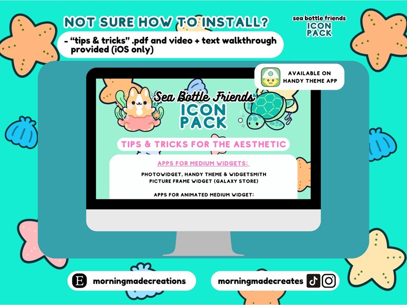 May include: A computer screen displaying a digital illustration of a sea turtle and a corgi dog with the text "Sea Bottle Friends Icon Pack" and "Tips & Tricks for the Aesthetic". The screen is surrounded by a turquoise background with starfish and seashells.
