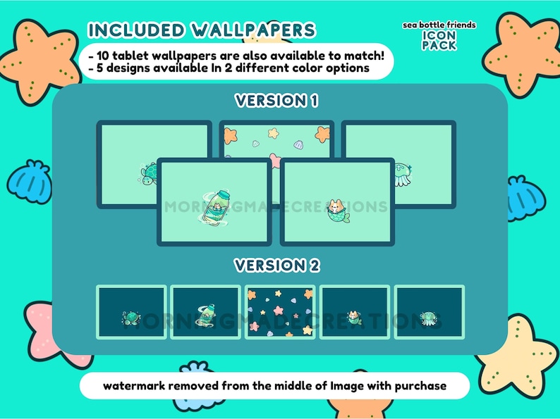 May include: A digital illustration of 10 tablet wallpapers featuring sea bottle friends. The illustration shows two versions of the wallpapers, with different colour options. The text "sea bottle friends ICON PACK" is included in the image.