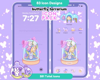 Purple Pastel Cute Animal Butterfly App Icon Pack Kawaii Phone Tablet Icon App Digital Widget Wallpaper iOS iPadOS Android Phone Theme