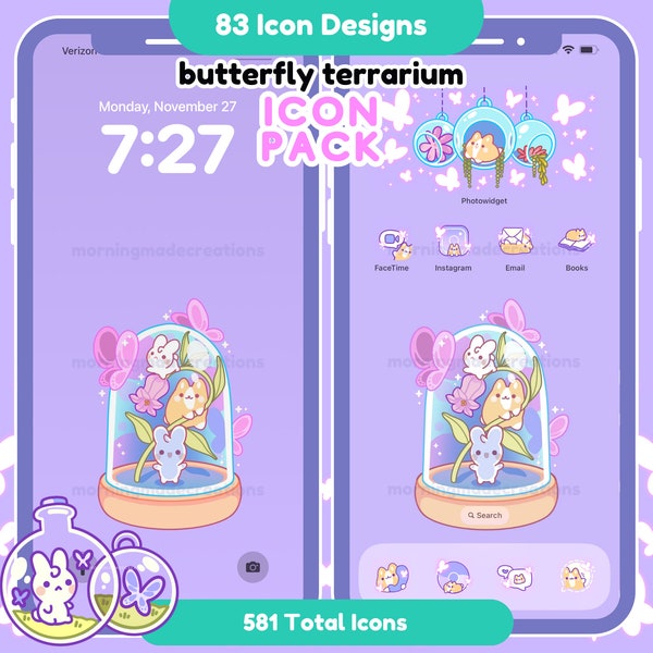 Purple Pastel Cute Animal Butterfly App Icon Pack Kawaii Phone Tablet Icon App Digital Widget Wallpaper iOS iPadOS Android Phone Theme