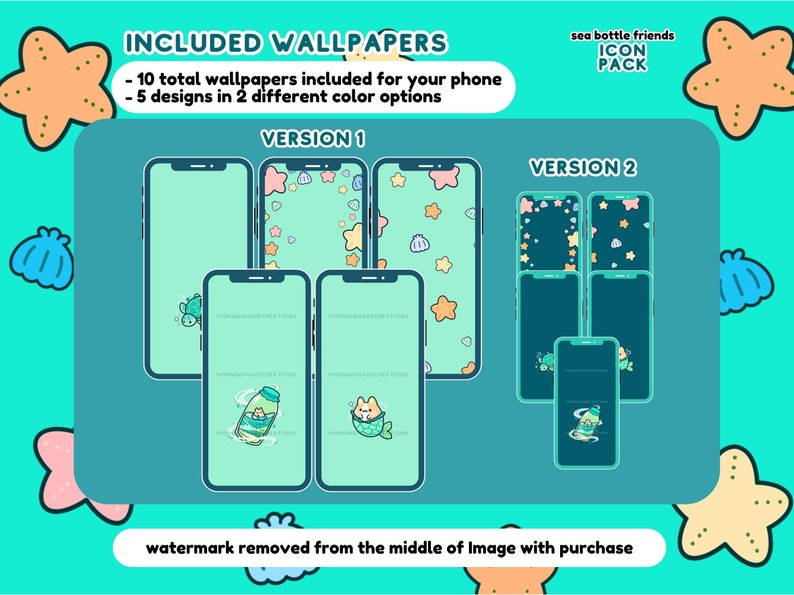 May include: Ten phone wallpapers featuring a sea bottle character in different poses. The wallpapers are in two colour schemes: blue and green. The text "sea bottle friends ICON PACK" is at the top of the image. The text "VERSION 1" and "VERSION 2" are below the wallpapers.