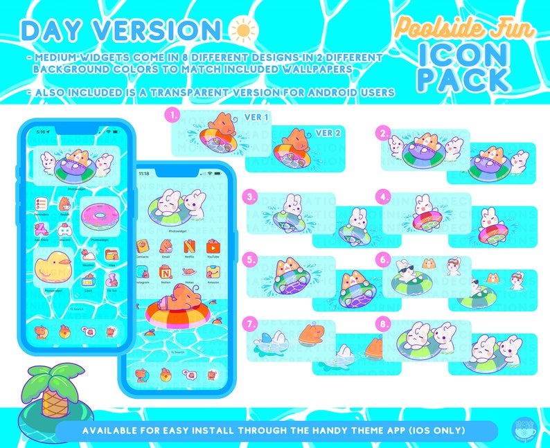 Pool Summer Cute Animal App Icon Pack Kawaii Fun Summer Phone Tablet Icon App Theme Digital Widget Wallpaper iOS iPadOS Android Phone Theme image 4